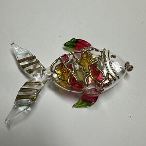Hand Blown Glass Fish Gold Red Green 1 Broken Fin